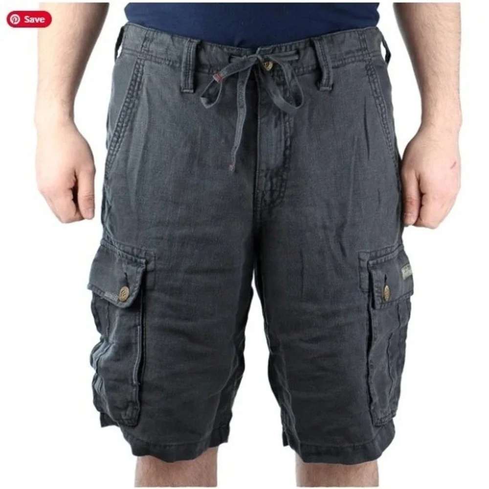 True Religion Vintage 100% Linen Cargo Shorts Mens 36 Charcoal Gray Utility Good